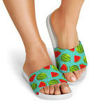 Blue Summer Watermelon Pattern Print White Slide Sandals