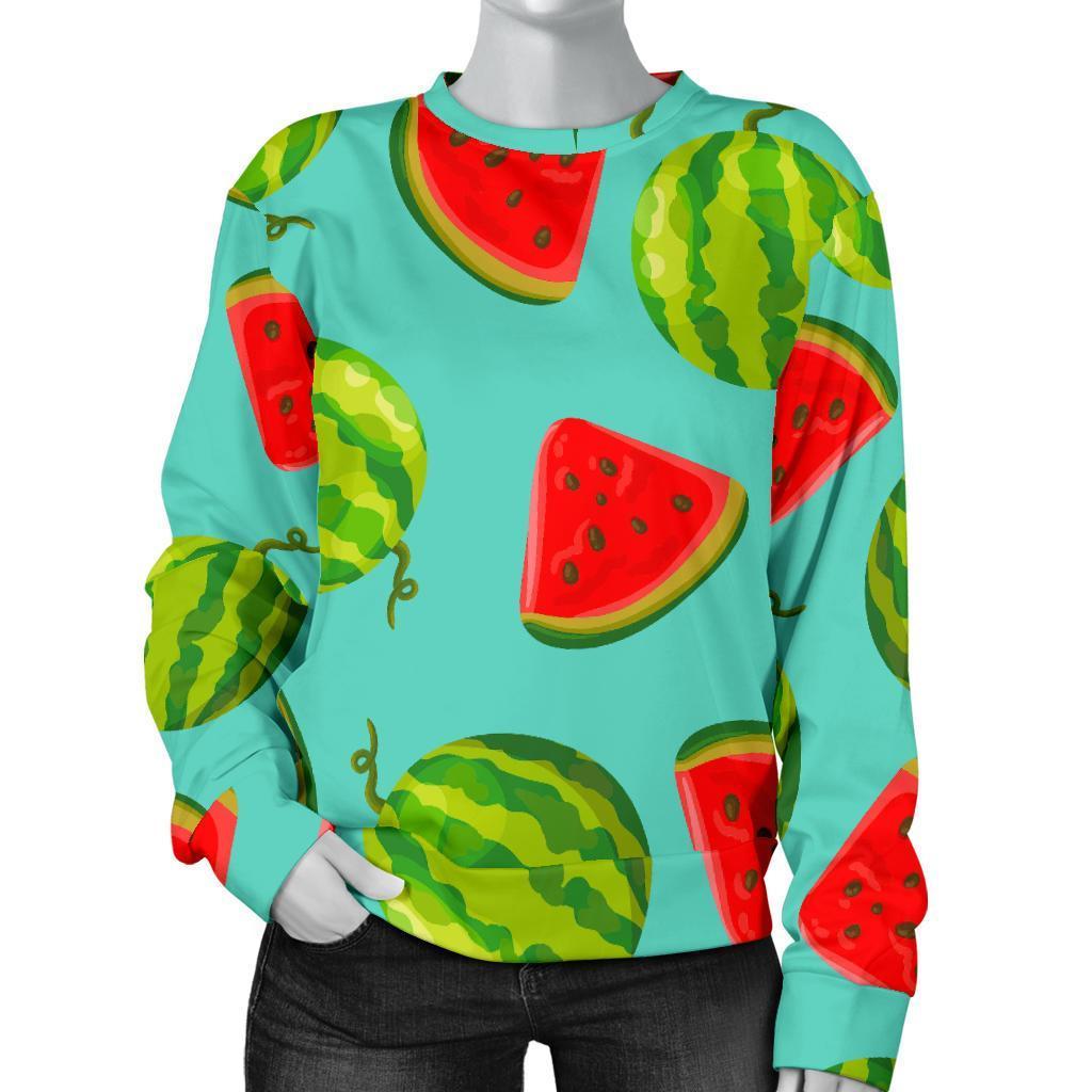 Blue Summer Watermelon Pattern Print Women's Crewneck Sweatshirt GearFrost