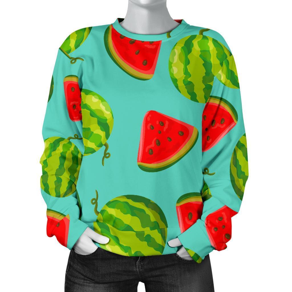 Blue Summer Watermelon Pattern Print Women's Crewneck Sweatshirt GearFrost