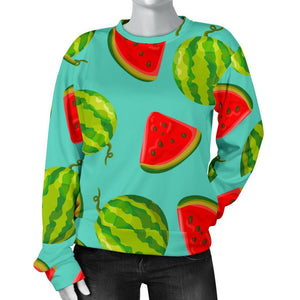 Blue Summer Watermelon Pattern Print Women's Crewneck Sweatshirt GearFrost