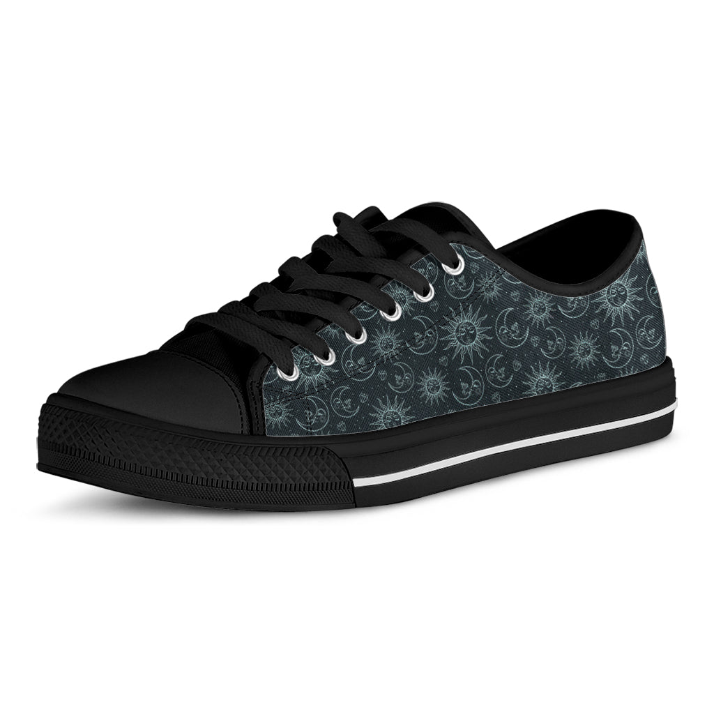 Blue Sun And Moon Pattern Print Black Low Top Shoes