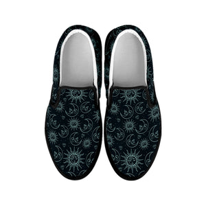 Blue Sun And Moon Pattern Print Black Slip On Shoes