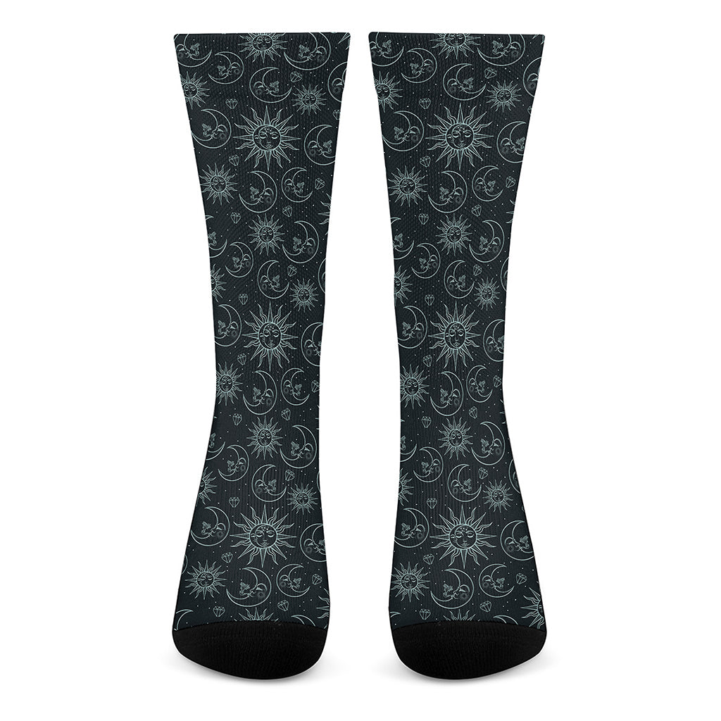 Blue Sun And Moon Pattern Print Crew Socks