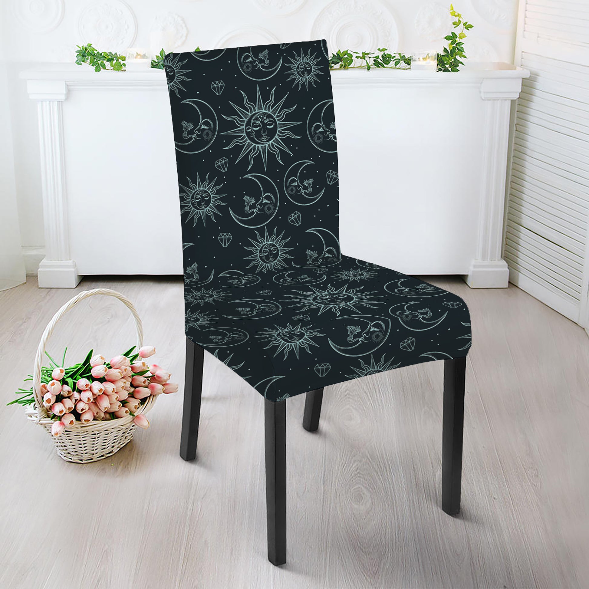 Blue Sun And Moon Pattern Print Dining Chair Slipcover