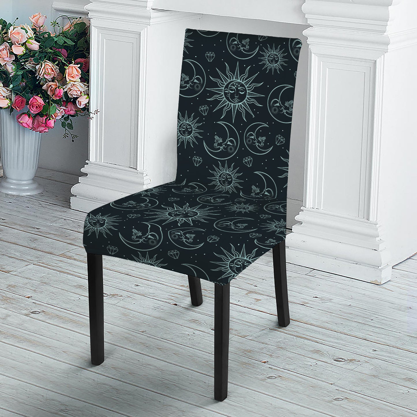 Blue Sun And Moon Pattern Print Dining Chair Slipcover