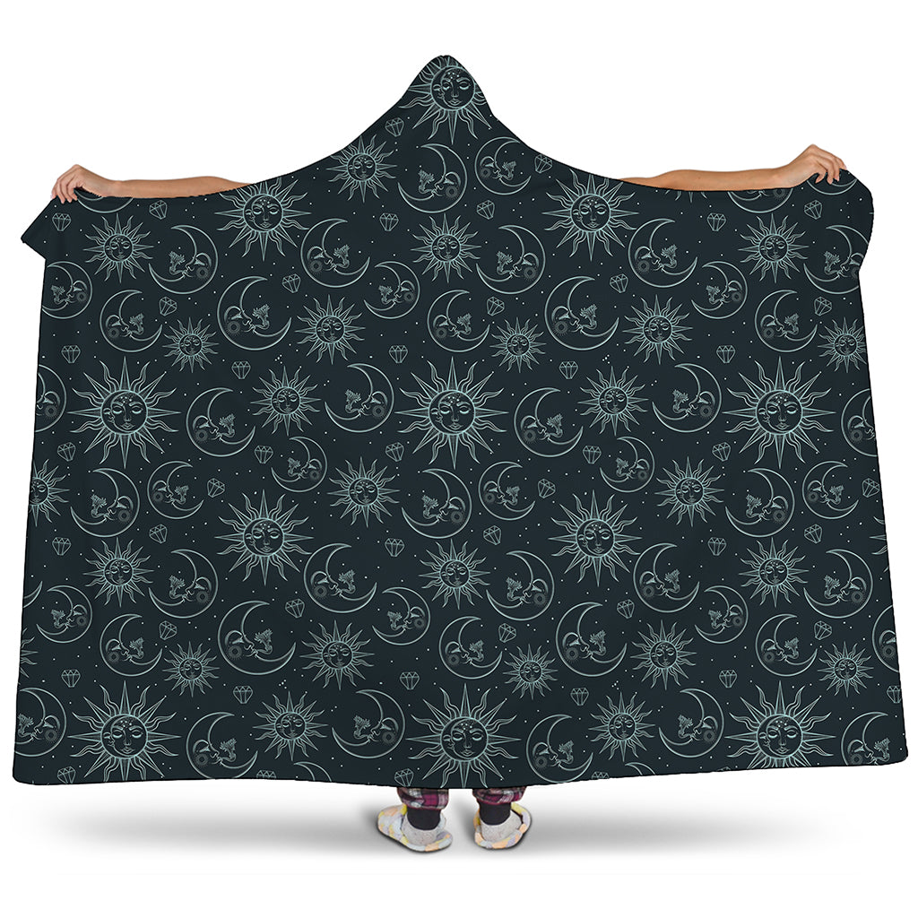 Blue Sun And Moon Pattern Print Hooded Blanket