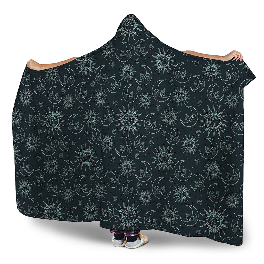 Blue Sun And Moon Pattern Print Hooded Blanket