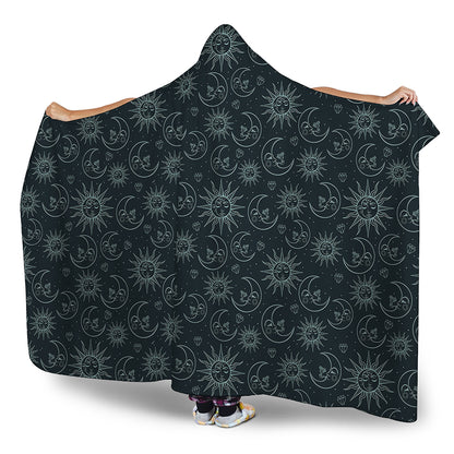 Blue Sun And Moon Pattern Print Hooded Blanket
