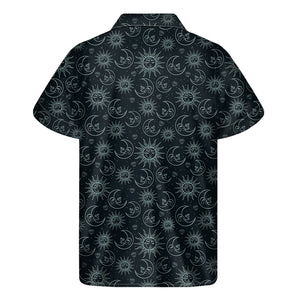 Blue Sun And Moon Pattern Print Men's Short Sleeve Shirt
