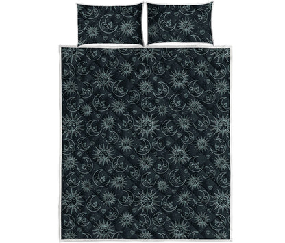 Blue Sun And Moon Pattern Print Quilt Bed Set