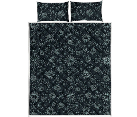 Blue Sun And Moon Pattern Print Quilt Bed Set
