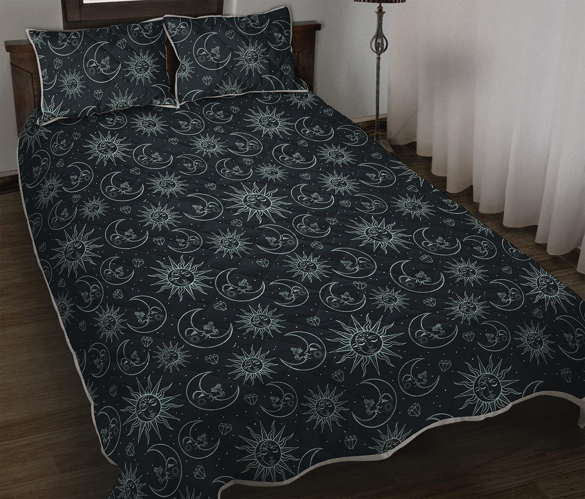 Blue Sun And Moon Pattern Print Quilt Bed Set