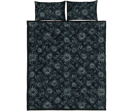 Blue Sun And Moon Pattern Print Quilt Bed Set