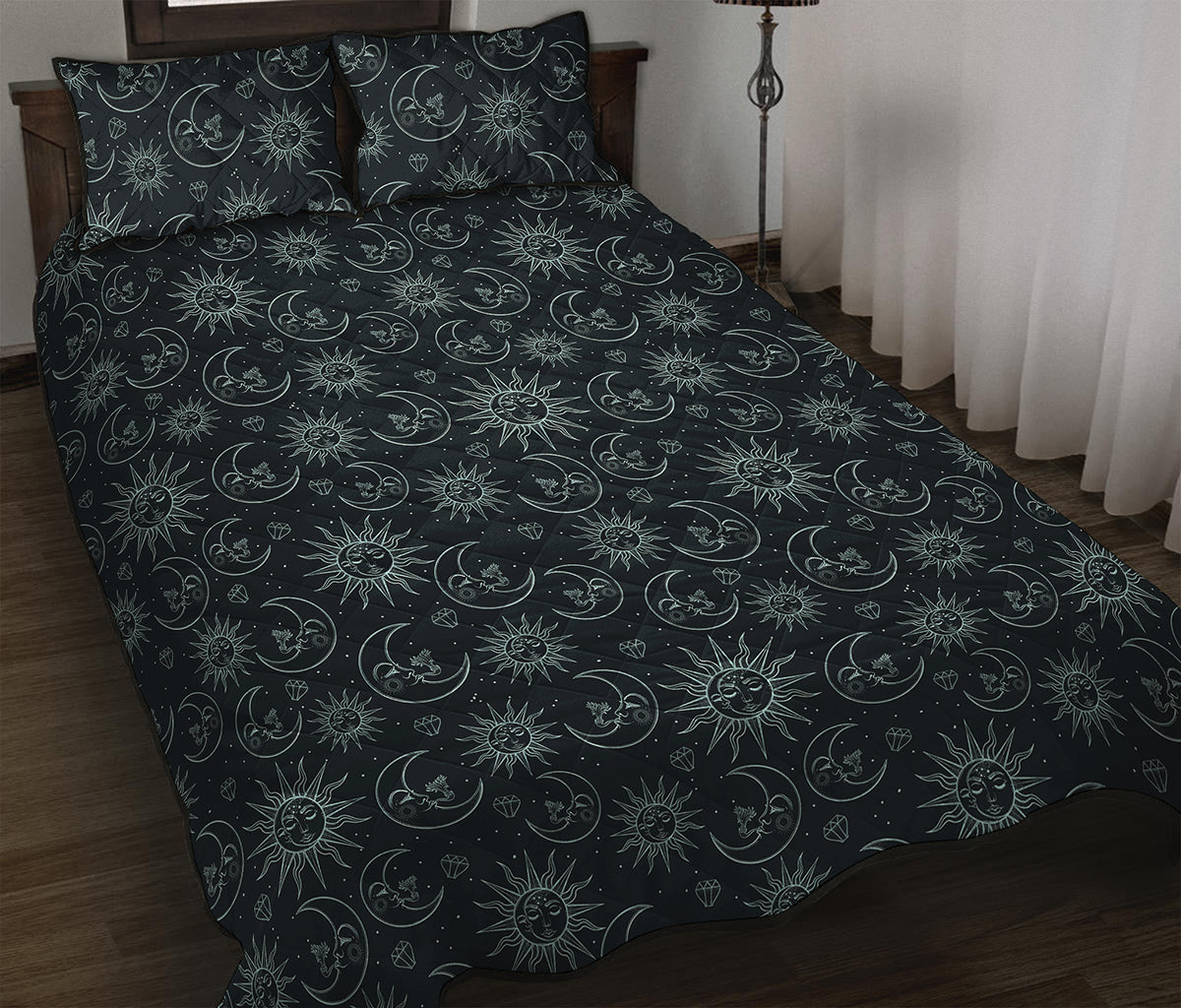 Blue Sun And Moon Pattern Print Quilt Bed Set