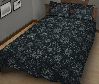 Blue Sun And Moon Pattern Print Quilt Bed Set