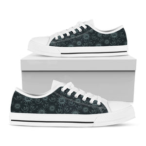 Blue Sun And Moon Pattern Print White Low Top Shoes