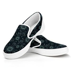 Blue Sun And Moon Pattern Print White Slip On Shoes