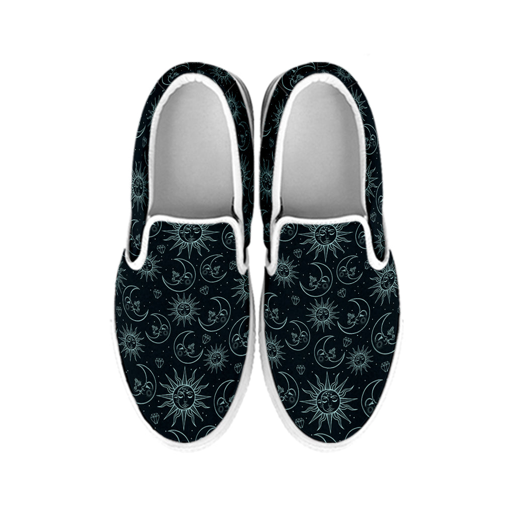 Blue Sun And Moon Pattern Print White Slip On Shoes