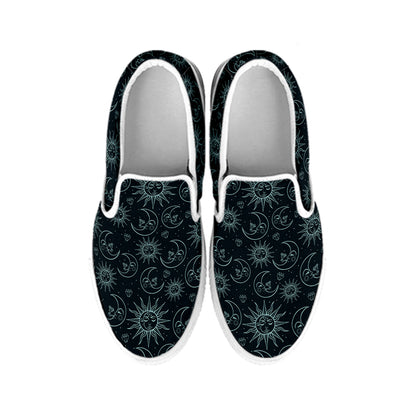 Blue Sun And Moon Pattern Print White Slip On Shoes