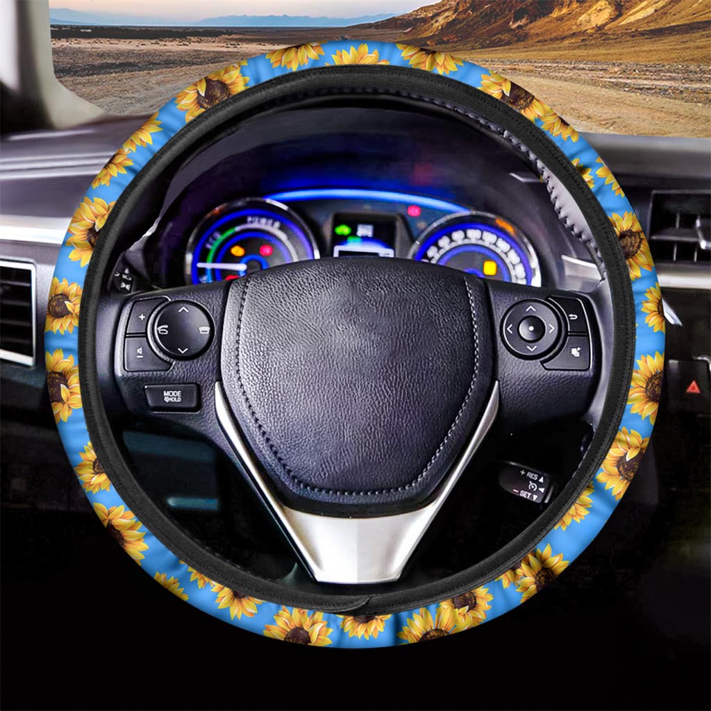 Blue Sunflower Pattern Print Car Steering Wheel Cover