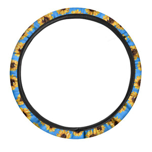 Blue Sunflower Pattern Print Car Steering Wheel Cover