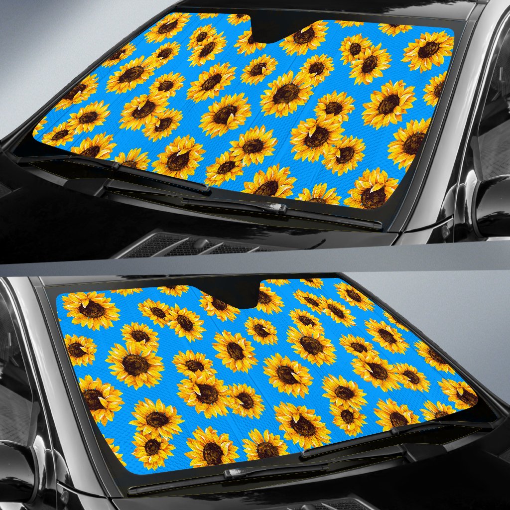 Blue Sunflower Pattern Print Car Sun Shade GearFrost