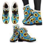 Blue Sunflower Pattern Print Comfy Boots GearFrost