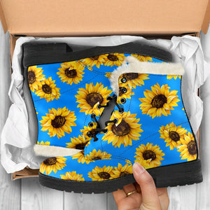 Blue Sunflower Pattern Print Comfy Boots GearFrost