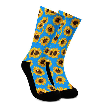 Blue Sunflower Pattern Print Crew Socks
