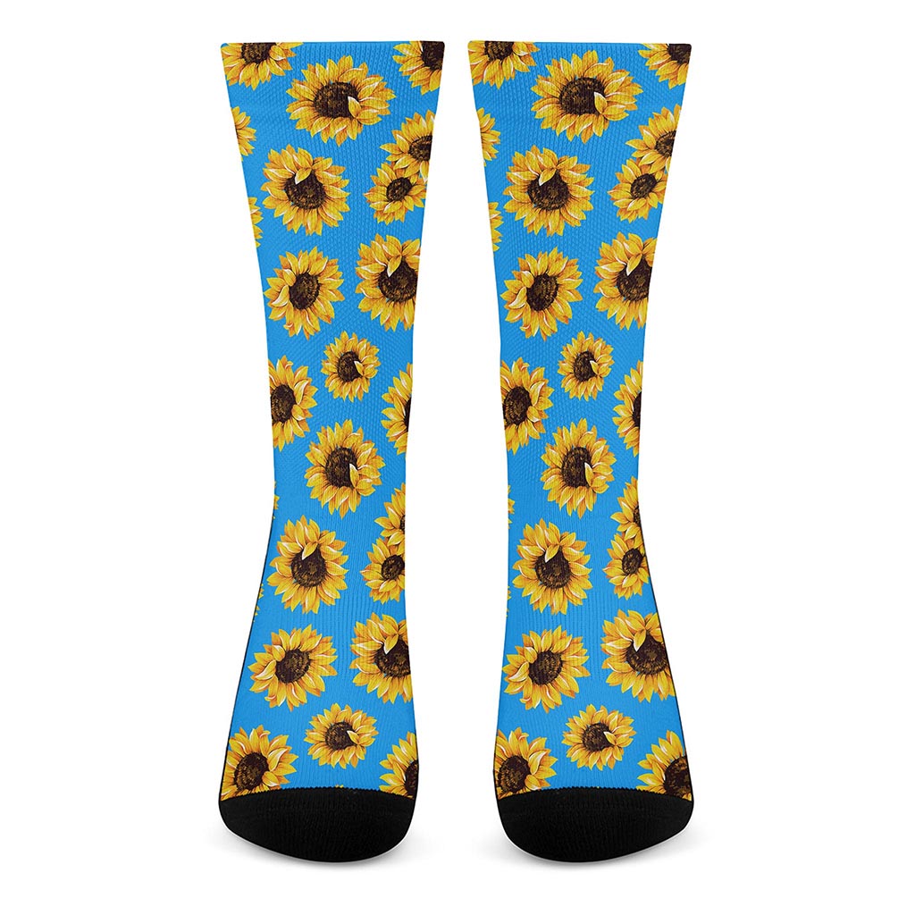 Blue Sunflower Pattern Print Crew Socks