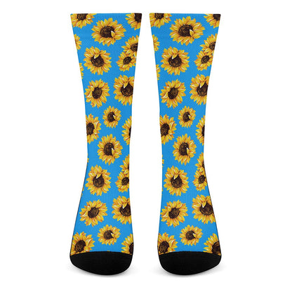Blue Sunflower Pattern Print Crew Socks