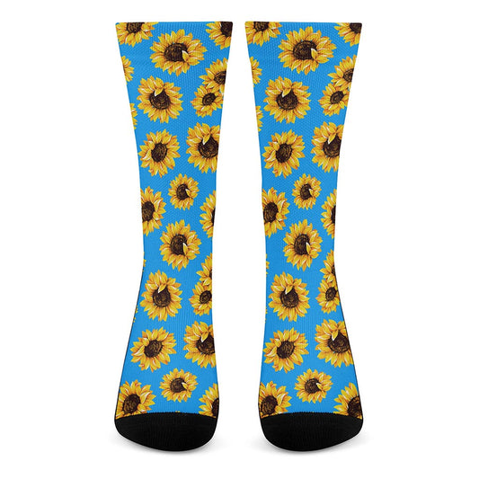 Blue Sunflower Pattern Print Crew Socks