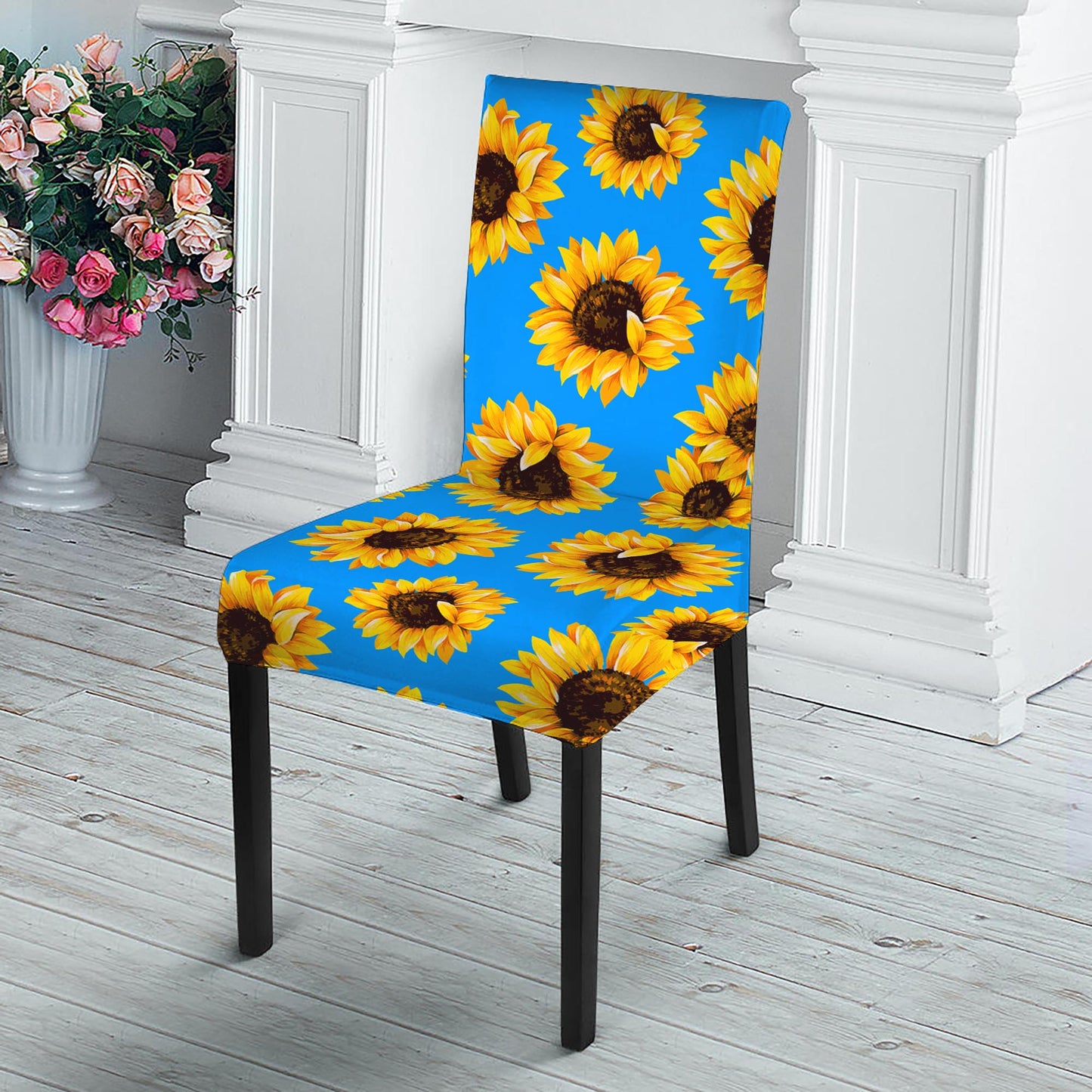 Blue Sunflower Pattern Print Dining Chair Slipcover