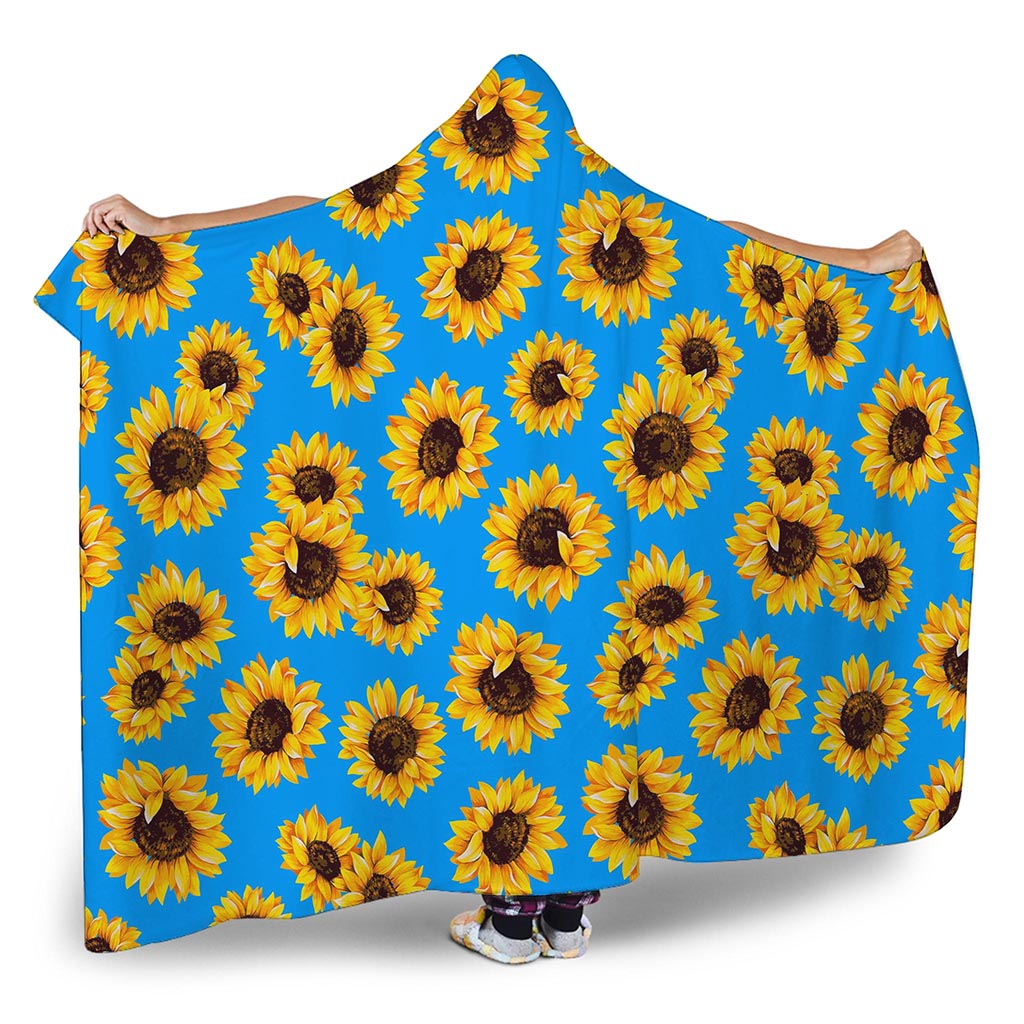 Blue Sunflower Pattern Print Hooded Blanket