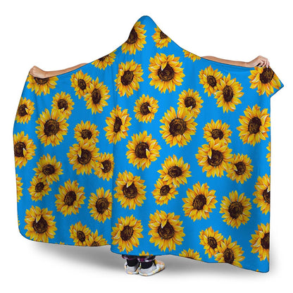 Blue Sunflower Pattern Print Hooded Blanket