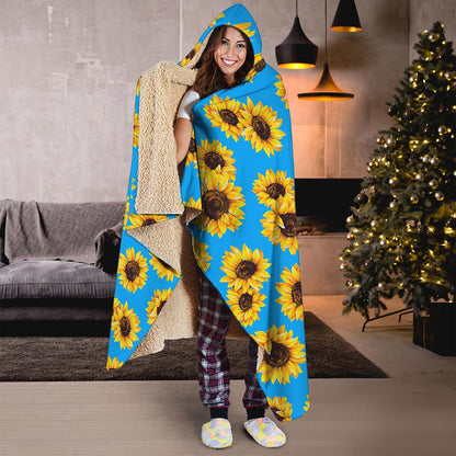 Blue Sunflower Pattern Print Hooded Blanket