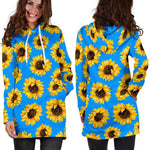 Blue Sunflower Pattern Print Hoodie Dress GearFrost