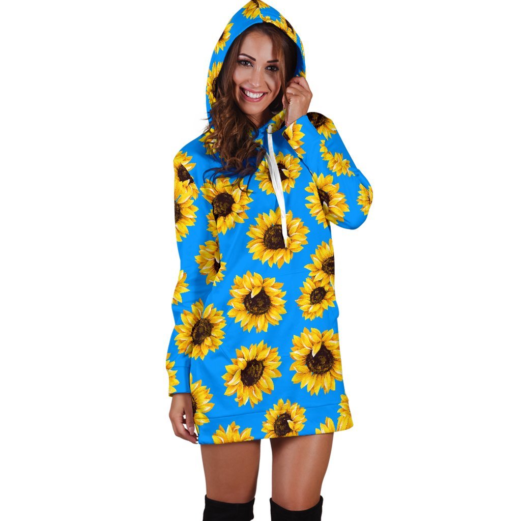 Blue Sunflower Pattern Print Hoodie Dress GearFrost