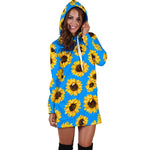 Blue Sunflower Pattern Print Hoodie Dress GearFrost