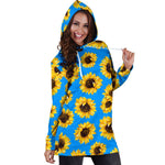 Blue Sunflower Pattern Print Hoodie Dress GearFrost