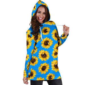 Blue Sunflower Pattern Print Hoodie Dress GearFrost