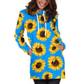 Blue Sunflower Pattern Print Pullover Hoodie Dress