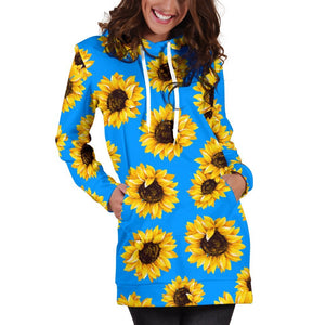 Blue Sunflower Pattern Print Hoodie Dress GearFrost