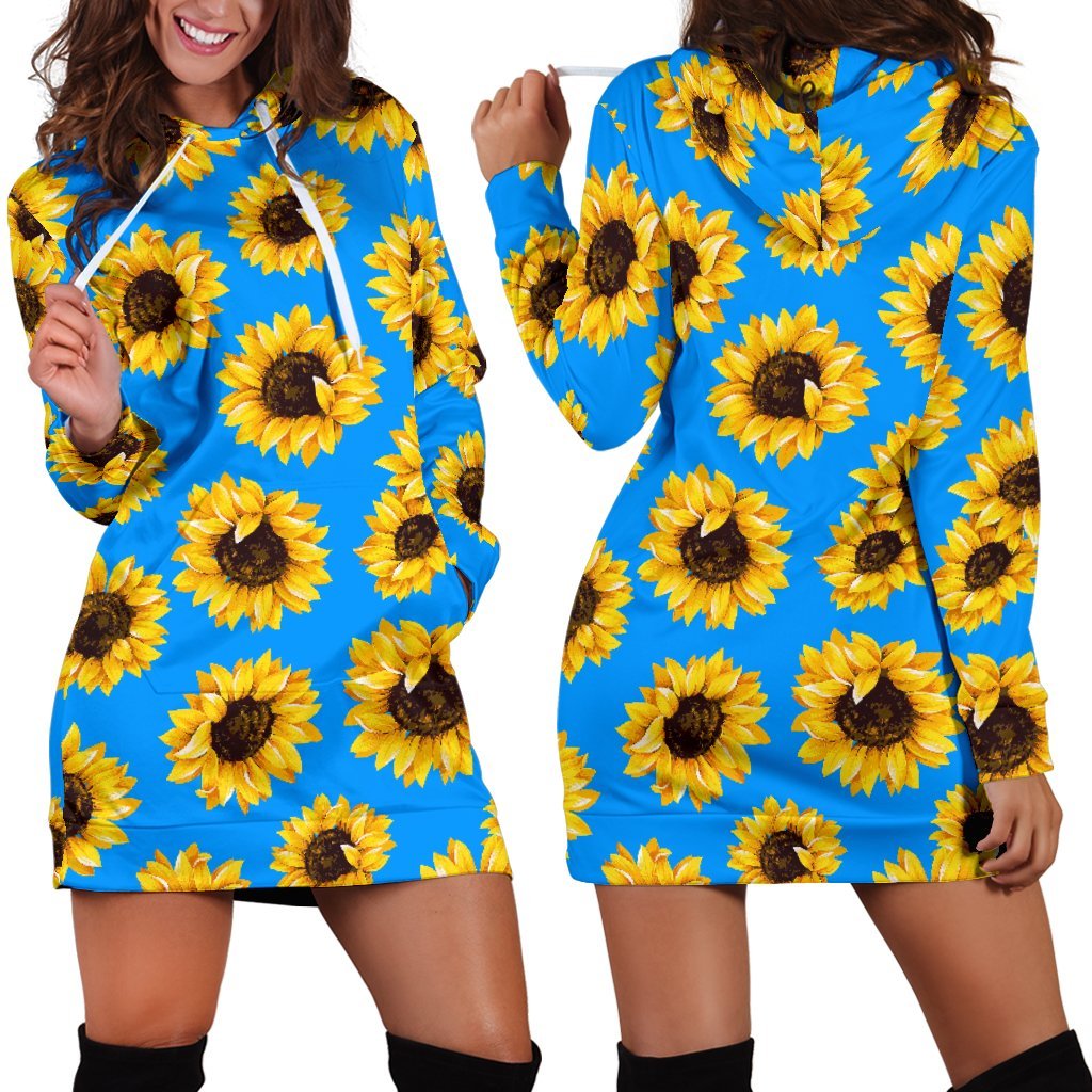 Blue Sunflower Pattern Print Hoodie Dress GearFrost