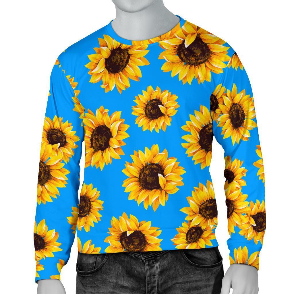 Blue Sunflower Pattern Print Men's Crewneck Sweatshirt GearFrost