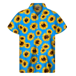 Blue Sunflower Pattern Print Men's Short Sleeve Shirt