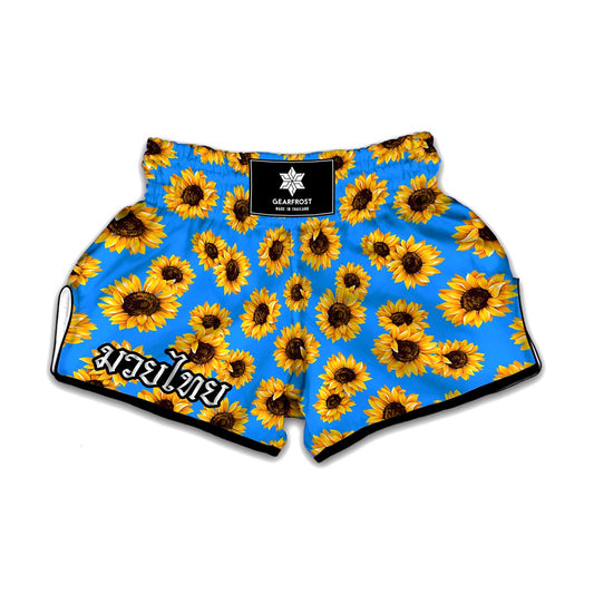 Blue Sunflower Pattern Print Muay Thai Boxing Shorts