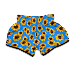 Blue Sunflower Pattern Print Muay Thai Boxing Shorts