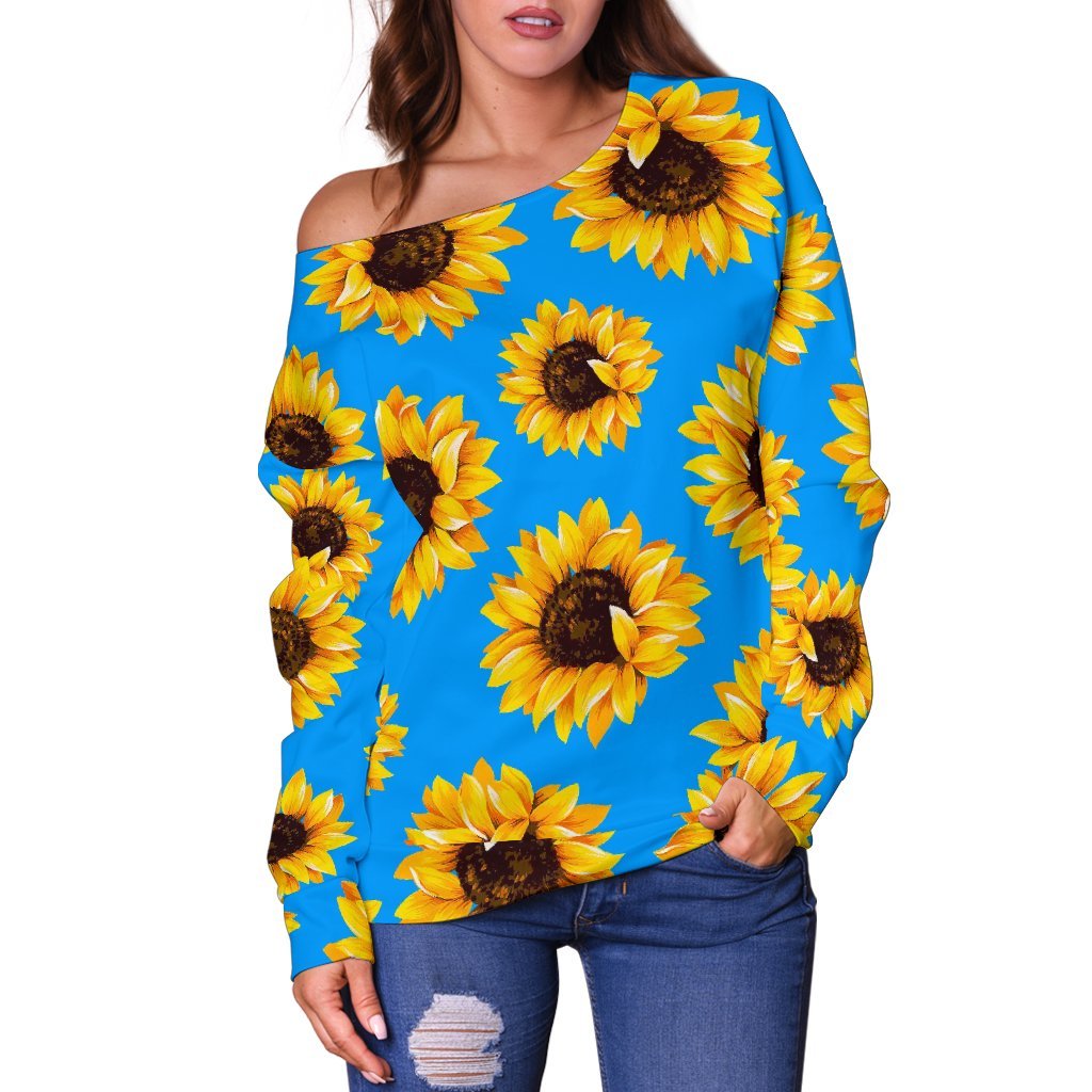 Blue Sunflower Pattern Print Off Shoulder Sweatshirt GearFrost