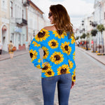 Blue Sunflower Pattern Print Off Shoulder Sweatshirt GearFrost